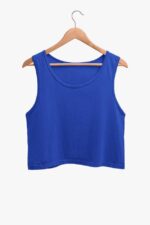 A bright blue Plain Color Crop Tank Top for Women by Looga is displayed on a wooden hanger against a plain white background.