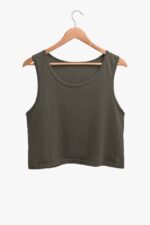 A South Asian woman with long hair, wearing a comfortable and stylish Crop Tank Top for Women in a neutral color