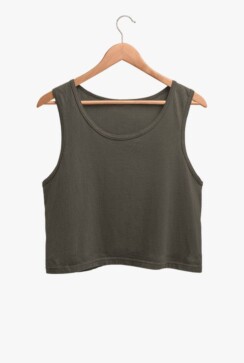 A South Asian woman with long hair, wearing a comfortable and stylish Crop Tank Top for Women in a neutral color