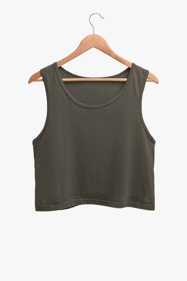 Olive Green A South Asian woman with long hair, wearing a comfortable and stylish Crop Tank Top for Women in a neutral color