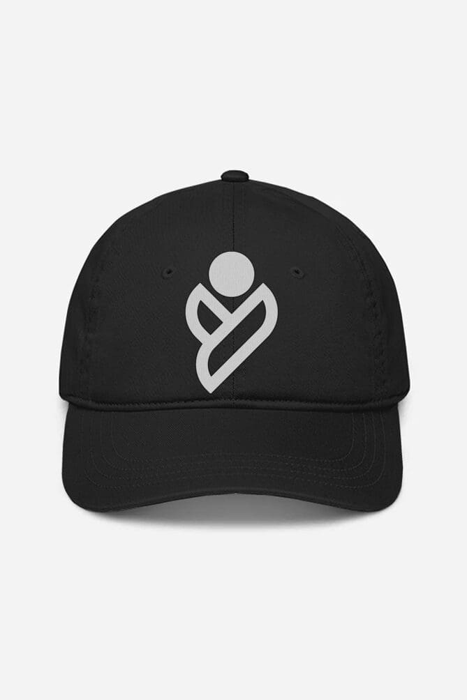 A black unisex baseball cap showcasing a stylized, abstract "looga" design in white perfectly centered on the front against a plain white background. A black unisex baseball cap showcasing a stylized, abstract "looga" design in white perfectly centered on the front against a plain white background.