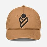 A tan baseball cap with a distinctive dark brown logo