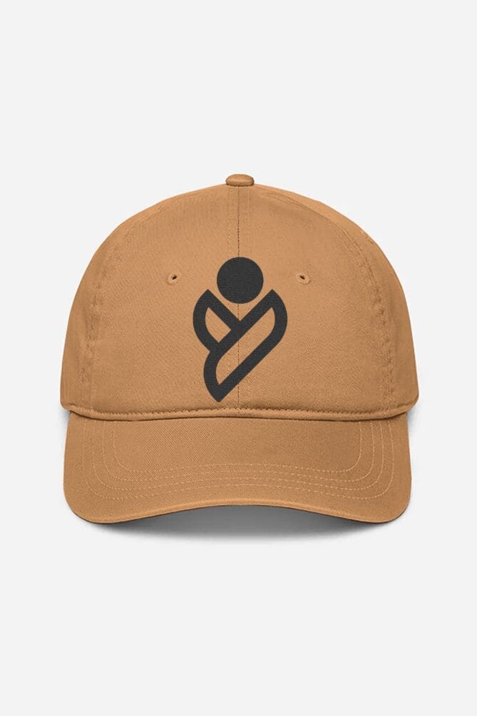 Khaki A tan baseball cap with a distinctive dark brown logo