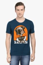 A man wears a Looga Unisex Classic Pet Lovers T-Shirt with a graphic of a dog in sunglasses and an orange shirt, labeled Cool Dog with mugshot-style numbers.