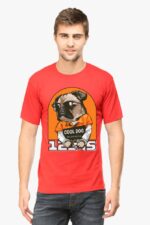 A man with short hair wears a vibrant red Unisex Classic Pet Lovers T-Shirt by Looga, featuring a cartoon dog in sunglasses and an orange shirt. The COOL DOG text adds to the playful mugshot design, perfect for animal enthusiasts.