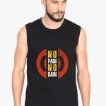 Black sleeveless gym fitness t shirt with a bold ‘No Pain No Gain’ emblem in red and yellow on the front, designed to motivate and enhance workout sessions.