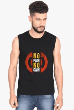 Black sleeveless gym fitness t shirt with a bold ‘No Pain No Gain’ emblem in red and yellow on the front, designed to motivate and enhance workout sessions.