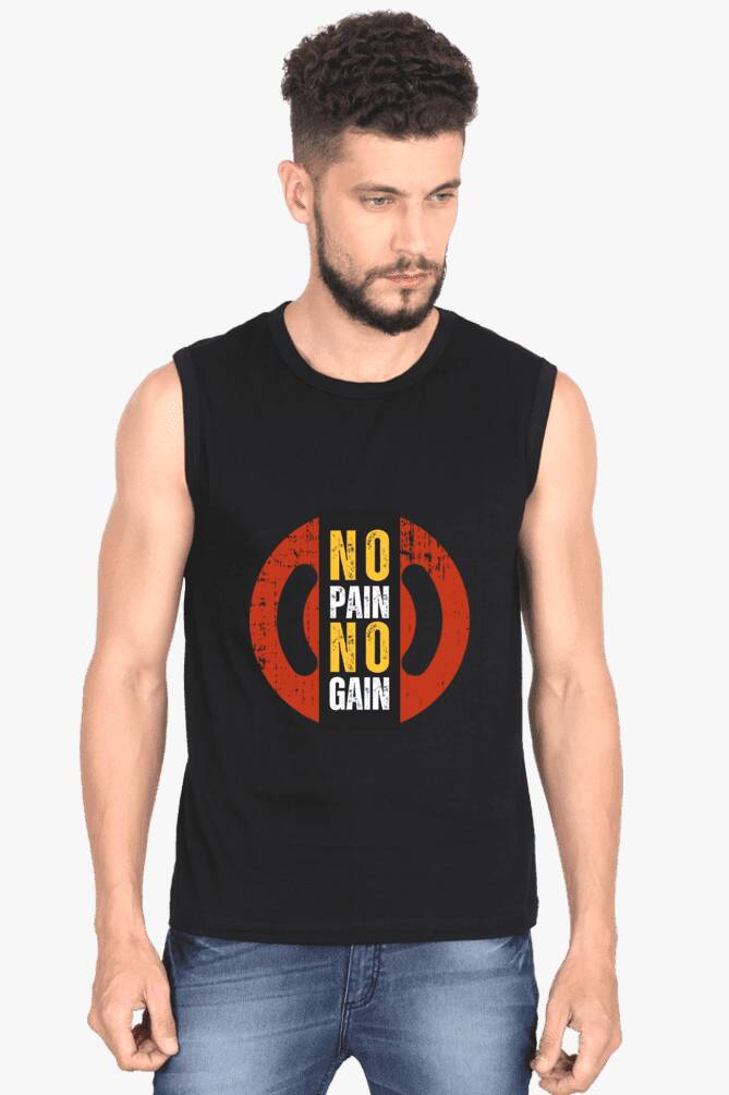 Black Black sleeveless gym fitness t shirt with a bold ‘No Pain No Gain’ emblem in red and yellow on the front, designed to motivate and enhance workout sessions.