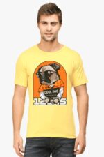 A man confidently models the yellow Unisex Classic Pet Lovers T-Shirt by Looga, featuring a cartoon pug in sunglasses and an orange tee labeled COOL DOG with numbers beneath. His short brown hair and plain white background enhance the shirts playful design.