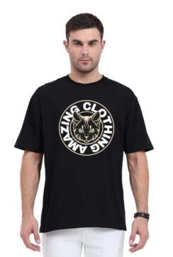 A person showcasing a black over sized t shirt with a striking white circular graphic,