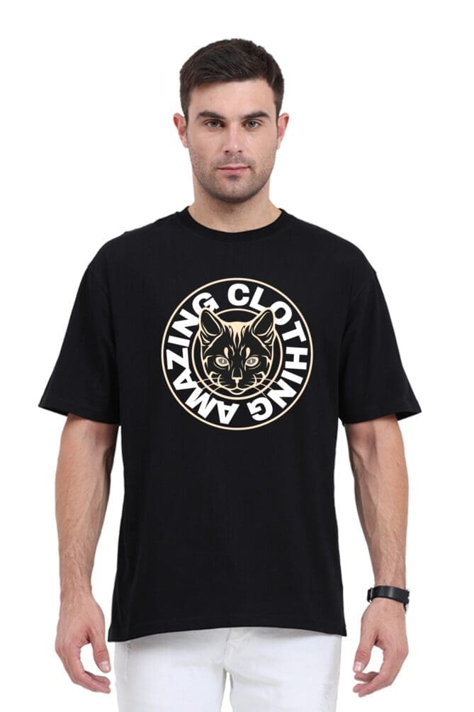 Black A person showcasing a black over sized t shirt with a striking white circular graphic,