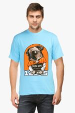 A man models the Unisex Classic Pet Lovers T-Shirt from Looga, featuring a pug in sunglasses with COOL DOG POLICE DEPT 256119 and bold 1985 within an orange frame. Perfect for animal enthusiasts, he pairs it with jeans against a plain background.