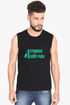 A man sporting a black gym tank top with vibrant green text