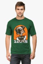 A man wears the Unisex Classic Pet Lovers T-Shirt by Looga, ideal for animal enthusiasts. It features a pug in sunglasses and an orange shirt labeled Cool Dog, complete with numbers like a mugshot backdrop. He stands against a white background.
