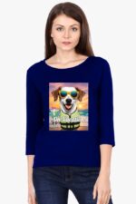 A woman in a Looga full-sleeve pet lovers t-shirt for women displays a fun graphic of a dog with sunglasses on a beach, featuring the text On Vacation.