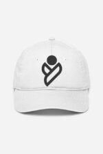 This unisex baseball cap in white is a classic and versatile piece of headwear featuring a minimalist black abstract logo. The "Looga" design includes a distinct circle above an interlocking ribbon or loop motif, all set on a plain backdrop for a clean and modern aesthetic.