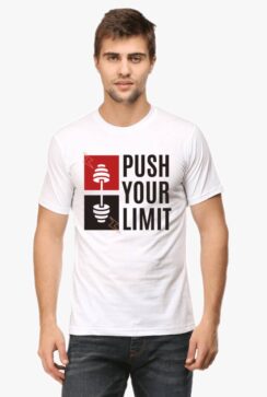 Gym tshirt for men with ‘PUSH YOUR LIMIT’ slogan and fitness-related graphics