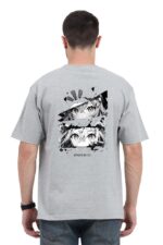 A person models the gray unisex oversized anime T-shirt by Looga, featuring black and white artwork of two illustrated faces and abstract shapes on the back, with ANIME IS MY LIFE boldly at the bottom.