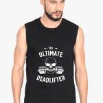 Black sleeveless gym tank tops with text and character illustration, worn by a person