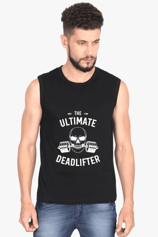 Black sleeveless gym tank tops with text and character illustration, worn by a person