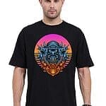 A unisex oversized black t-shirt featuring a vibrant cosmic and geometric graphic, perfect for a bold and comfortable fashion statement for both women and men