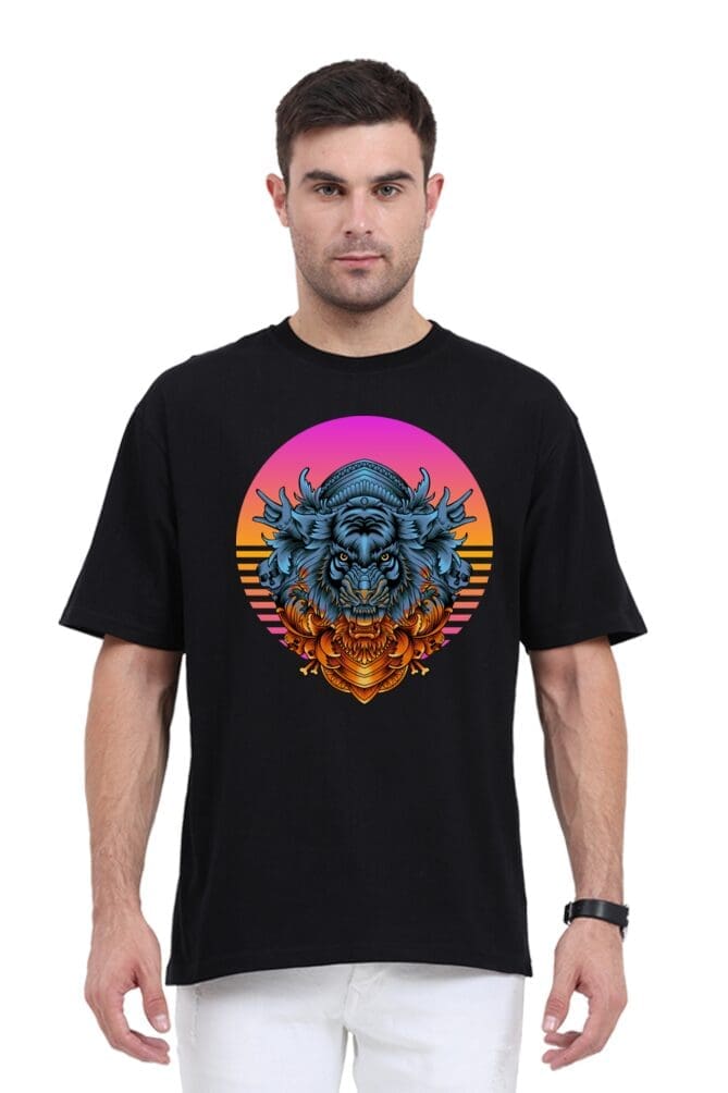 Black A unisex oversized black t-shirt featuring a vibrant cosmic and geometric graphic, perfect for a bold and comfortable fashion statement for both women and men
