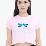 Pink crop tshirt for women with a blue dragonfly graphic,