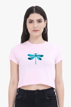 Pink crop tshirt for women with a blue dragonfly graphic,