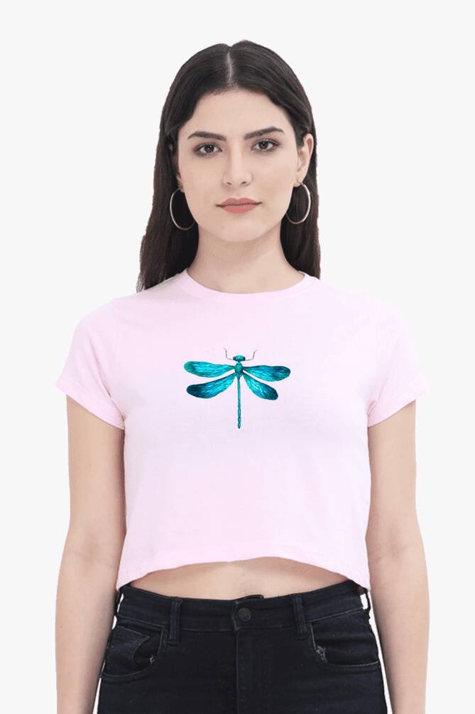 Light Baby Pink Pink crop tshirt for women with a blue dragonfly graphic,