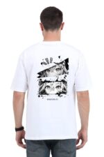 A man models the Unisex Oversized Anime T-Shirt by Looga, featuring a striking black and white manga-inspired back print with expressive anime eyes and faces, accompanied by the bold statement, "Looga is my life.