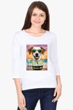 A person wears the Full-Sleeve Pet Lovers T-Shirt for Women by Looga, featuring a dog in sunglasses and life jacket against a sunset beach scene with On Vacation text. They smile broadly against a plain background, showcasing ultimate comfort and style.