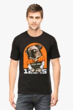 A man wears the Unisex Classic Pet Lovers T-Shirt by Looga, featuring a playful design of a pug in an orange outfit with sunglasses, labeled COOL DOG and 12345 as if in a mugshot. This black tee is perfect for pug enthusiasts who enjoy humor.