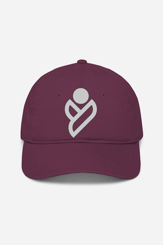 A maroon baseball cap, from the Looga collection, features a white abstract logo prominently at its center. The geometric design adds a unique flair to this unisex accessory. It includes a curved brim and a subtly hidden adjustable strap, all set against a plain white background. A maroon baseball cap, from the Looga collection, features a white abstract logo prominently at its center. The geometric design adds a unique flair to this unisex accessory. It includes a curved brim and a subtly hidden adjustable strap, all set against a plain white background.
