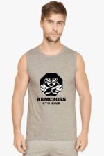 A person is wearing a gray Sleeveless Fitness T-Shirt with a round neck from Looga, featuring the ARMCROSS GYM CLUB logo, which displays two crossed arm muscles in black on the front. The design exudes a sleek and powerful style, ideal for any gym enthusiast. The Looga details add an additional touch of uniqueness against the plain white background.