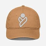 A unisex baseball cap in a versatile tan color, featuring a white logo emblem on the crown, suitable for both men and women