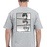 Back view of an oversized anime tshirt with a black and white anime character design