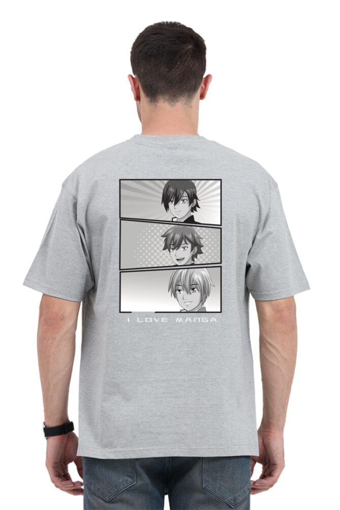 Grey Melange Back view of an oversized anime tshirt with a black and white anime character design
