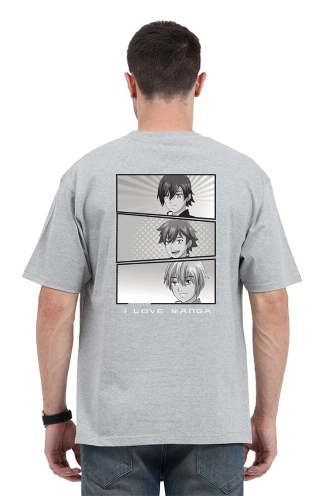 Back view of an oversized anime tshirt with a black and white anime character design