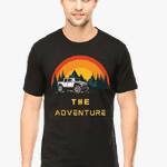 White Adventure graphic t shirt for men featuring a scenic mountain and forest print