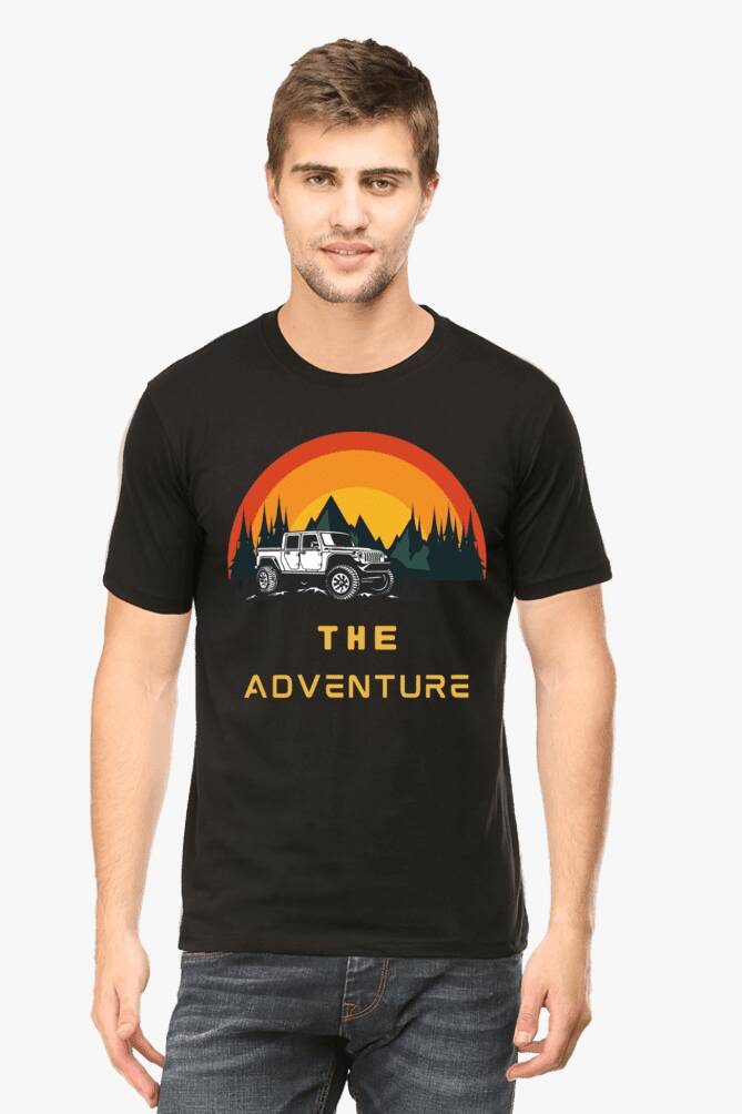 Black White Adventure graphic t shirt for men featuring a scenic mountain and forest print
