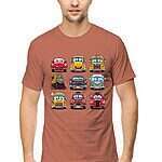 A South Asian male model with short hair, wearing a comfortable men's round neck half sleeve Cartoon Cars T Shirt in a neutral color
