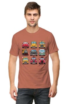 A South Asian male model with short hair, wearing a comfortable men's round neck half sleeve Cartoon Cars T Shirt in a neutral color