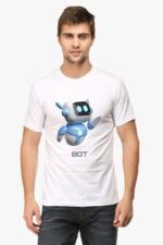 A man in a white unisex cotton tee, showcasing an AI-designed blue robot with BOT, stands against a plain backdrop, exuding a quirky adventure vibe.