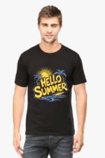 A person wearing the Classic Summer T-Shirt for Men and Women by Looga, featuring Hello Summer in bold yellow with a sun and palm trees graphic, exudes a laid-back vibe against a plain white background.