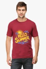 A man in a maroon Classic Summer T-Shirt by Looga, featuring Hello Summer with sun, palm trees, and waves design. With short hair and against a white background, he embodies carefree style.