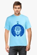 A man in a light blue AI-Inspired T-shirt from Looga, featuring a futuristic design of a stylized human face and circuit patterns in dark blue, stands against a plain white background.