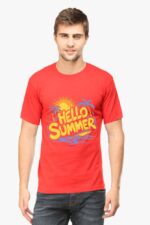 A person wearing a Looga Classic Summer T-Shirt in red, showcasing Hello Summer in yellow and orange, with palm trees and a sun design.