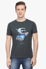 A man sports a dark gray 100% cotton half sleeve t-shirt, showcasing an AI-designed cartoon robot with a distinct looga design. The blue and white bot has large eyes, with BOT stylishly printed beneath it.