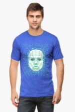 Dressed in a blue T-shirt with an AI-inspired digital face design, incorporating circuitry patterns, they sport the Unisex Round Neck Half Sleeve Looga style. Their short hair is neatly styled, exuding a futuristic vibe against the plain backdrop.