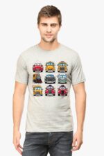 A man wears a light gray Cartoon Cars T-Shirt by Looga, featuring colorful cartoon cars in a 3x3 grid with unique expressions and designs, adding whimsy against the plain white background.